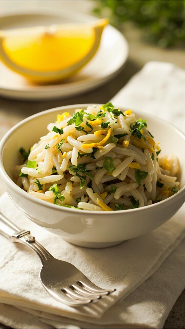 A small mound of glossy wild rice in a shallow bowl flecked with chopped parsley dill and lemon zest. A lemon wedge sits nearby and a fork lies on a linen napkin.