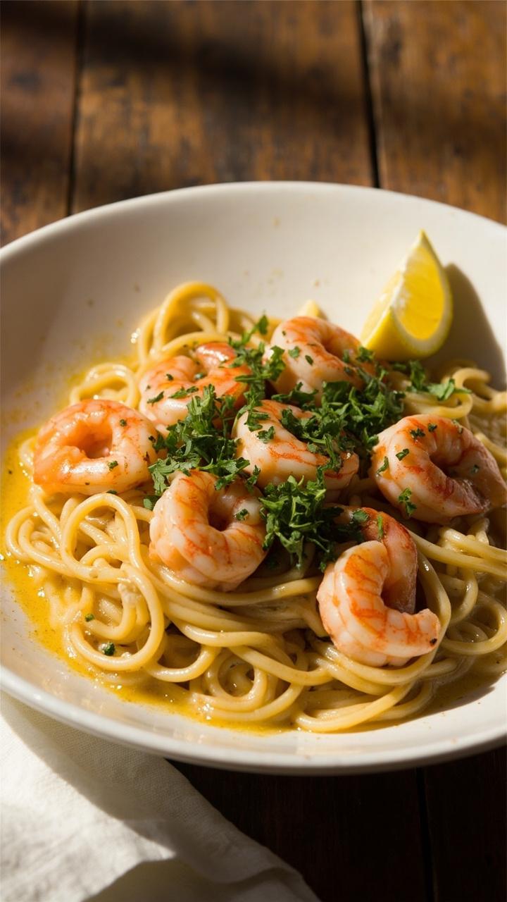 Shallow white bowl with golden garlic butter sauce, pink shrimp arranged over linguine, bright green parsley sprinkled on top, lemon wedge on the rim, wooden table and linen napkin Shallow white bowl with golden garlic butter sauce, pink shrimp arranged over linguine, bright green parsley sprinkled on top, lemon wedge on the rim, wooden table and linen napkin