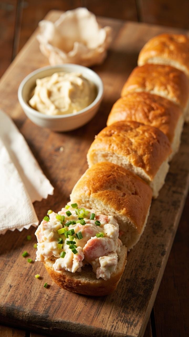 Toasted split top buns lined up on a wooden board, chunks of pale lobster meat tossed in light mayo and celery, a scattering of chives on top, small bowl of extra mayo, paper napkin folded beside the board Toasted split top buns lined up on a wooden board, chunks of pale lobster meat tossed in light mayo and celery, a scattering of chives on top, small bowl of extra mayo, paper napkin folded beside the board