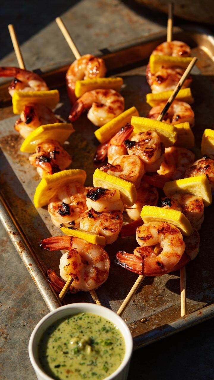 Long wooden skewers with plump charred shrimp alternating with lemon slices, rustic metal tray, small ramekin of herb dipping sauce, grill marks visible on shrimp Long wooden skewers with plump charred shrimp alternating with lemon slices, rustic metal tray, small ramekin of herb dipping sauce, grill marks visible on shrimp