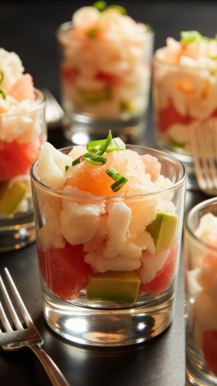 Small glass cups layered with chunks of avocado, flakes of crab meat, and bright segments of pink grapefruit. Each topped with a sprinkle of chives and a tiny fork on the side.