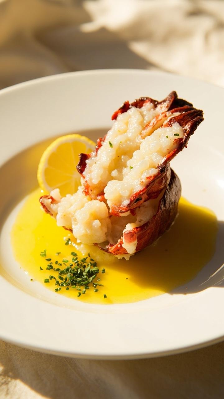 Split lobster tail open on a shallow white plate, glossy butter pooled around the meat, chopped parsley sprinkled on top, small lemon wedge, neutral linen underneath Split lobster tail open on a shallow white plate, glossy butter pooled around the meat, chopped parsley sprinkled on top, small lemon wedge, neutral linen underneath