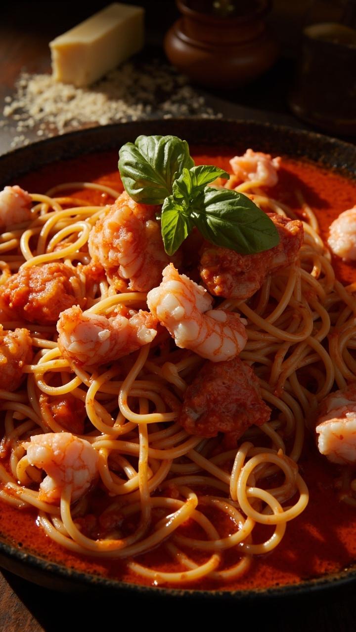 Deep bowl of red tomato sauce with linguine, chunks of lobster and pink shrimp visible, sprig of basil on top, small grater and wedge of Parmesan nearby Deep bowl of red tomato sauce with linguine, chunks of lobster and pink shrimp visible, sprig of basil on top, small grater and wedge of Parmesan nearby