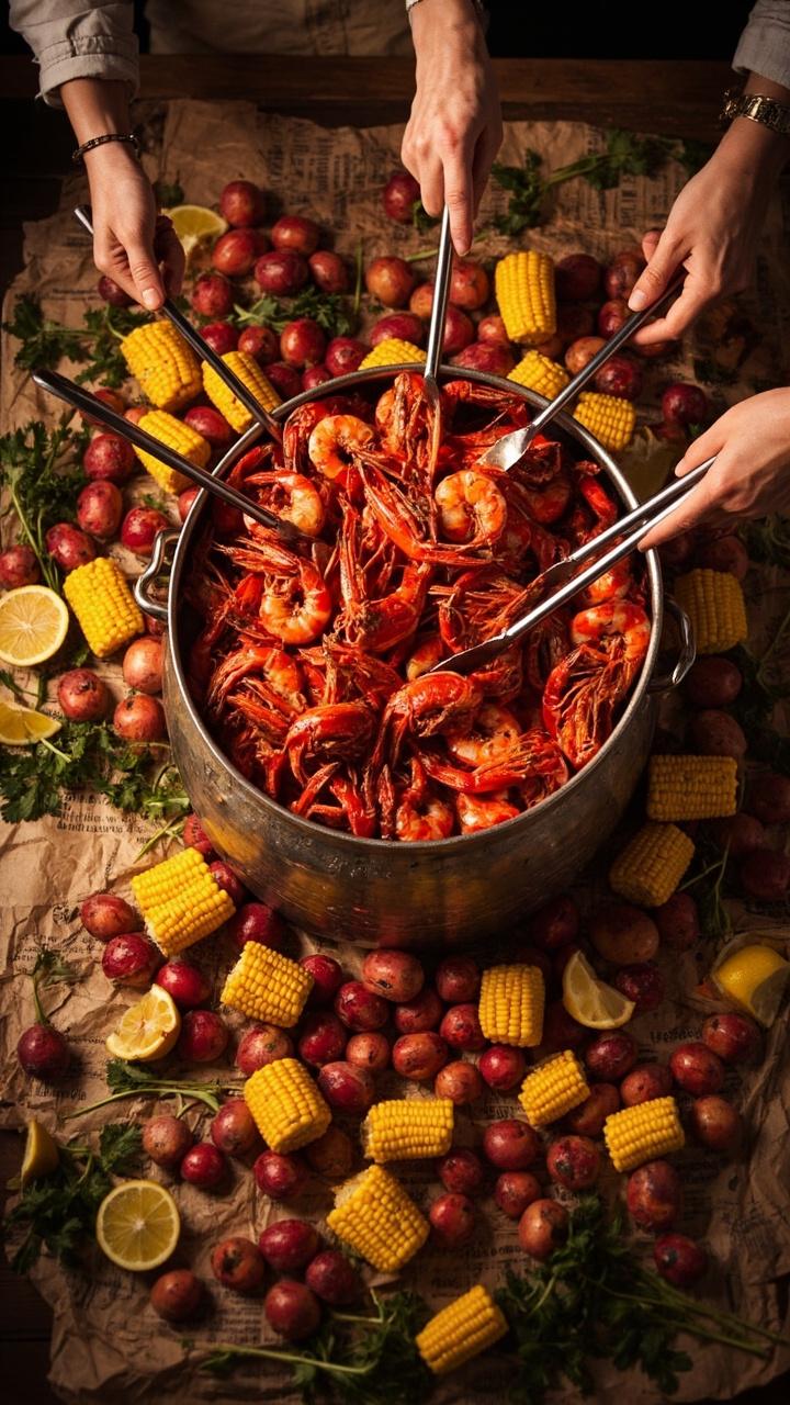 Large metal pot drained onto newspaper covered table, bright red shrimp and lobster pieces mixed with yellow corn halves and red baby potatoes, lemon wedges and parsley scattered, people hands reaching in with tongs Large metal pot drained onto newspaper covered table, bright red shrimp and lobster pieces mixed with yellow corn halves and red baby potatoes, lemon wedges and parsley scattered, people hands reaching in with tongs