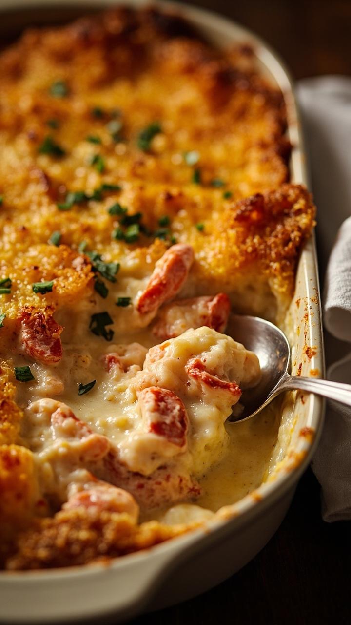Baked casserole dish with bubbling golden cheese crust, chunks of lobster visible, crumbs and parsley on top, serving spoon halfway in and a napkin beside it Baked casserole dish with bubbling golden cheese crust, chunks of lobster visible, crumbs and parsley on top, serving spoon halfway in and a napkin beside it