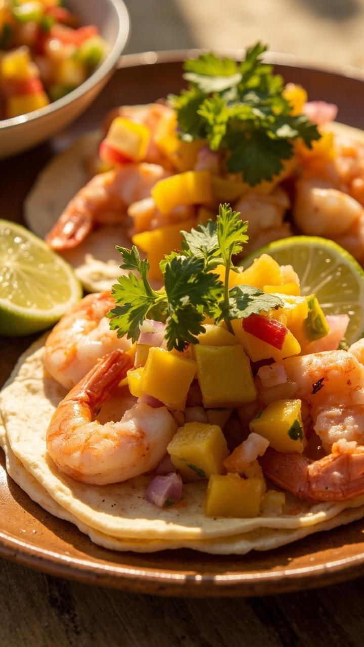 Soft corn tortillas stacked on a plate, shrimp and small lobster pieces topped with colorful mango salsa, lime wedges and cilantro sprinkled, small bowl of salsa on the side Soft corn tortillas stacked on a plate, shrimp and small lobster pieces topped with colorful mango salsa, lime wedges and cilantro sprinkled, small bowl of salsa on the side