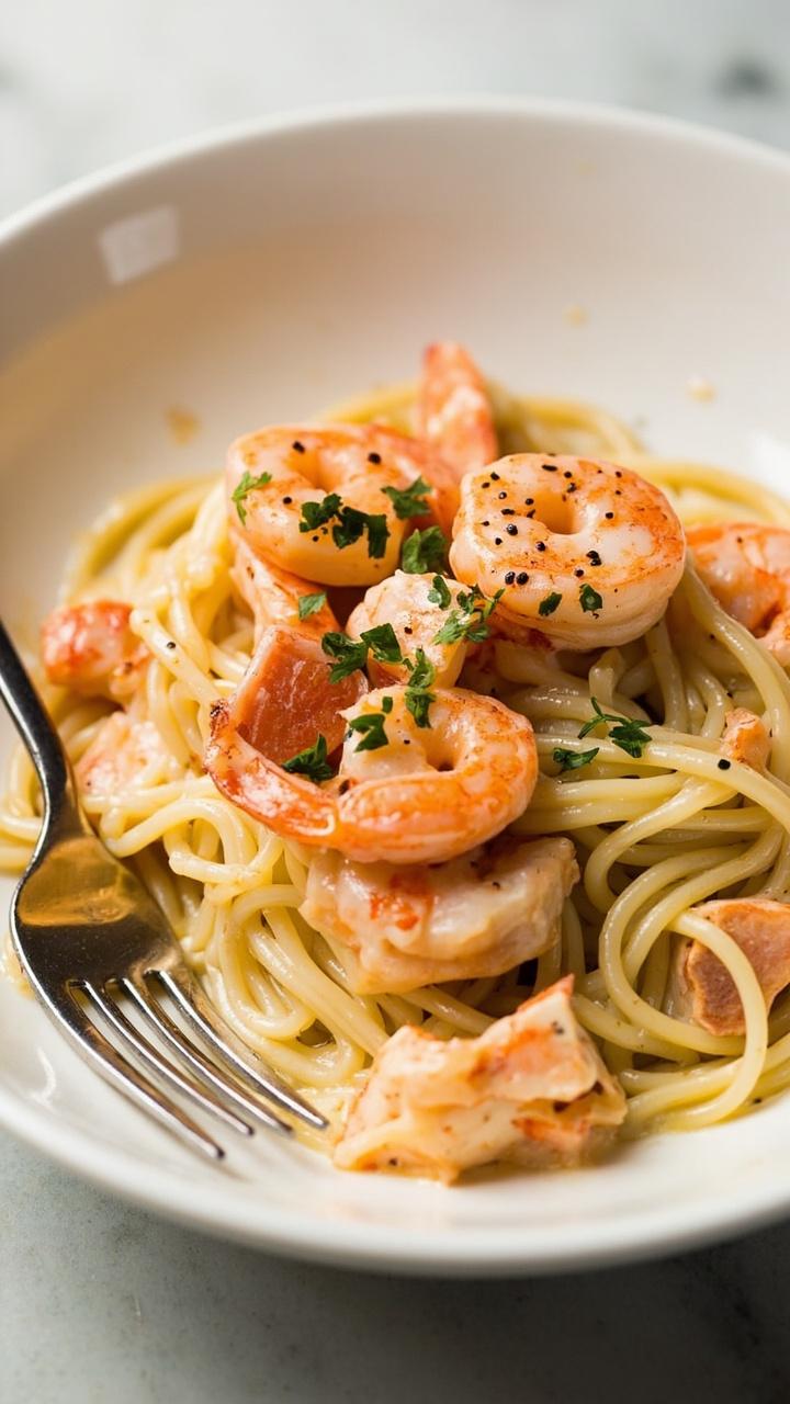 Wide shallow white bowl with glossy cream sauce coating linguine, pink shrimp and chunks of lobster on top, sprinkle of chopped parsley and cracked pepper, stainless fork resting in the bowl Wide shallow white bowl with glossy cream sauce coating linguine, pink shrimp and chunks of lobster on top, sprinkle of chopped parsley and cracked pepper, stainless fork resting in the bowl
