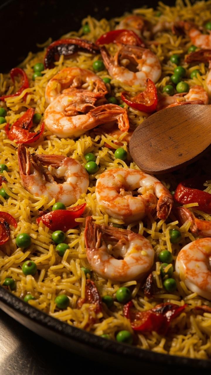 Wide paella pan filled with saffron rice, pink shrimp and lobster pieces on top, peas and roasted red pepper strips scattered, wooden spoon for serving Wide paella pan filled with saffron rice, pink shrimp and lobster pieces on top, peas and roasted red pepper strips scattered, wooden spoon for serving