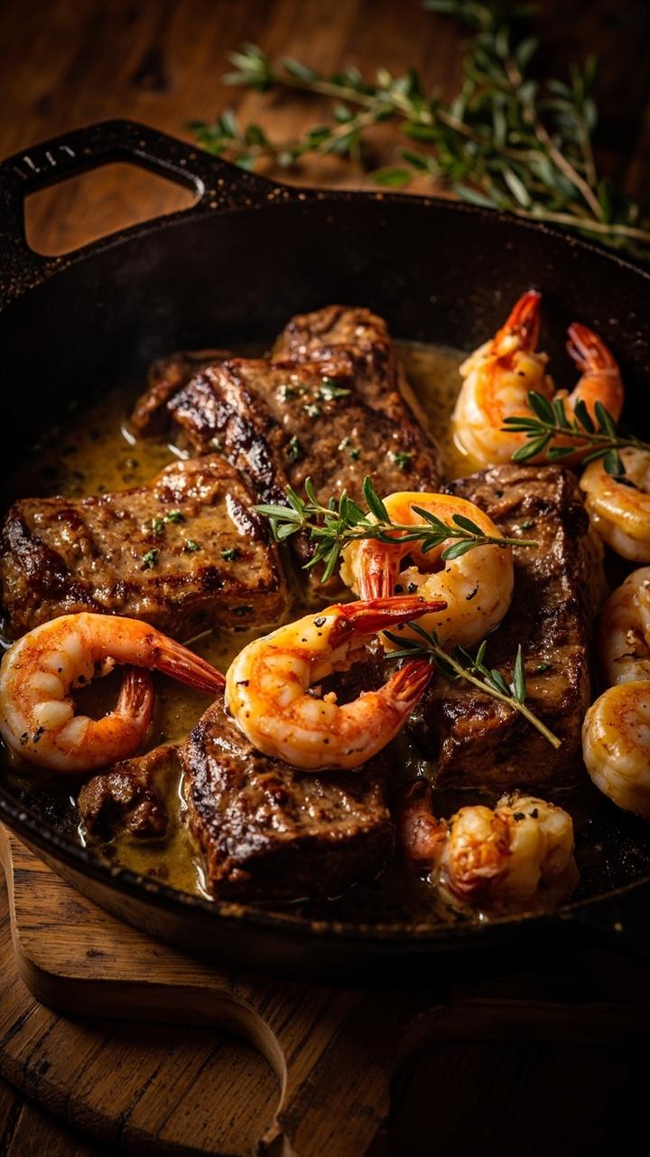 Cast iron skillet with seared steak medallions, shrimp and lobster pieces nestled in garlic butter, sprigs of thyme, rustic wooden board underneath Cast iron skillet with seared steak medallions, shrimp and lobster pieces nestled in garlic butter, sprigs of thyme, rustic wooden board underneath