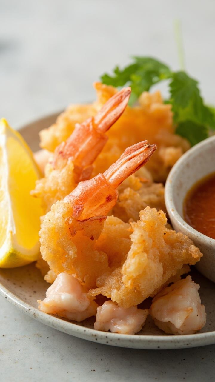 Small plate with golden tempura pieces, shrimp tails peeking out and small lobster lumps, small dipping bowl of soy citrus sauce, lemon wedge and cilantro leaf Small plate with golden tempura pieces, shrimp tails peeking out and small lobster lumps, small dipping bowl of soy citrus sauce, lemon wedge and cilantro leaf