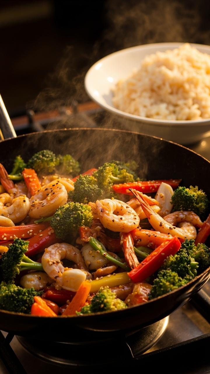 Wok or deep skillet with glossy stir fried vegetables, pink shrimp and white lobster pieces, sesame seeds sprinkled on top, bowl of steamed rice beside the pan Wok or deep skillet with glossy stir fried vegetables, pink shrimp and white lobster pieces, sesame seeds sprinkled on top, bowl of steamed rice beside the pan