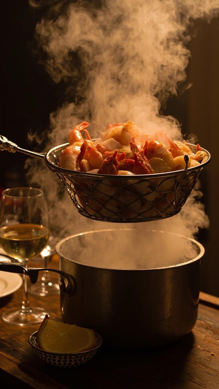 Steamer basket lifted over a pot showing pink shrimp and lobster pieces nestled in garlic slices, small wine glass and lemon wedge on the table Steamer basket lifted over a pot showing pink shrimp and lobster pieces nestled in garlic slices, small wine glass and lemon wedge on the table