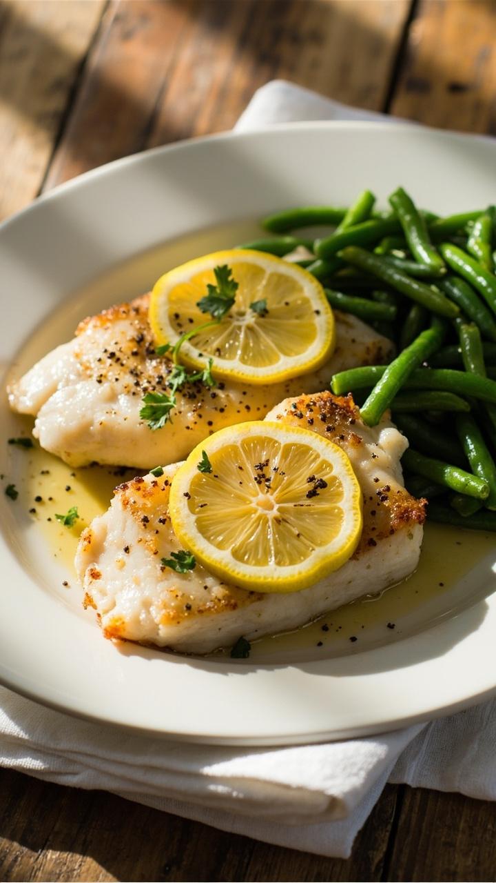 Two golden baked cod fillets on a white oval plate. Thin lemon slices laid over each fillet. A sprinkle of chopped parsley and cracked black pepper. Steamed green beans beside the fillets and a linen napkin under the plate on a wooden table.