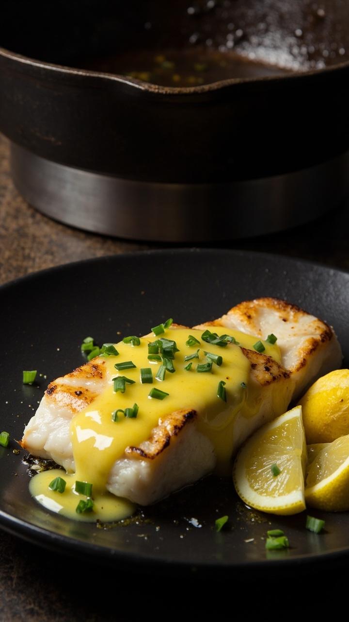 A single seared cod fillet on a matte black plate with a gloss of melted garlic butter spooned over the top. A small pile of lemon wedges and a scattering of chopped chives. A cast iron skillet sitting in the background on a stove.