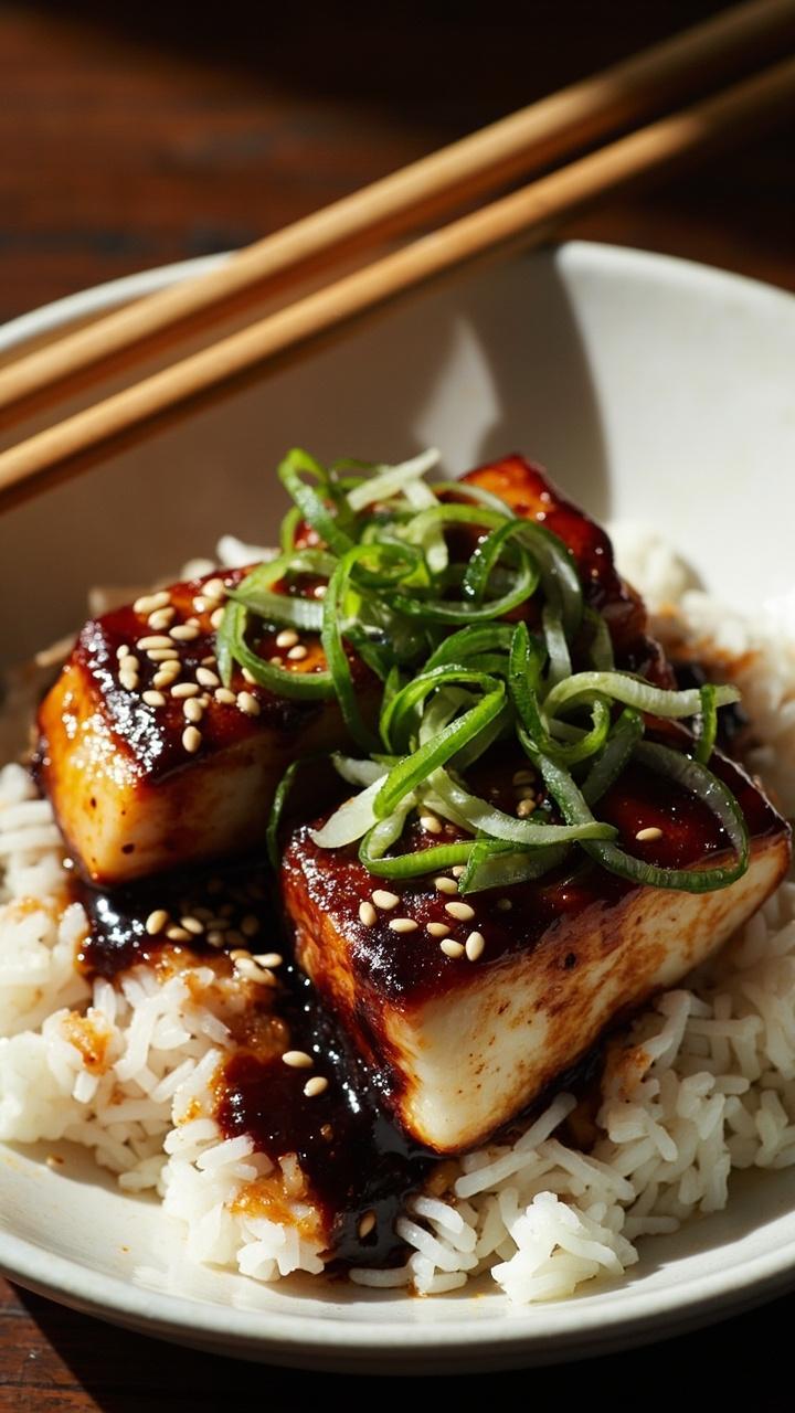 Two glazed cod fillets on a shallow white rice bowl. A glossy dark brown glaze pooling slightly on the rice. Thinly sliced green onions and sesame seeds sprinkled over the top. A pair of chopsticks rest on the bowl edge.