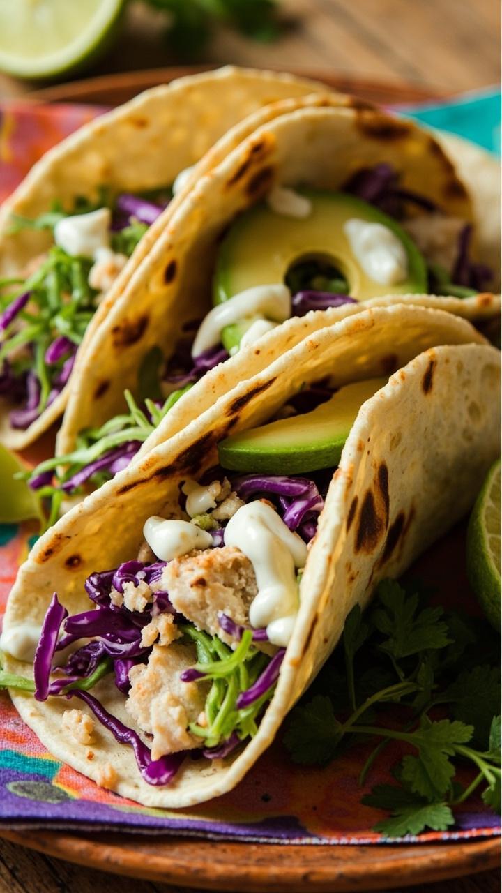 Three corn tortillas folded with flaky cod, shredded cabbage, sliced avocado, and a drizzle of creamy lime sauce. Lime half and cilantro sprig on the side. A colorful napkin under the tacos on a rustic plate.