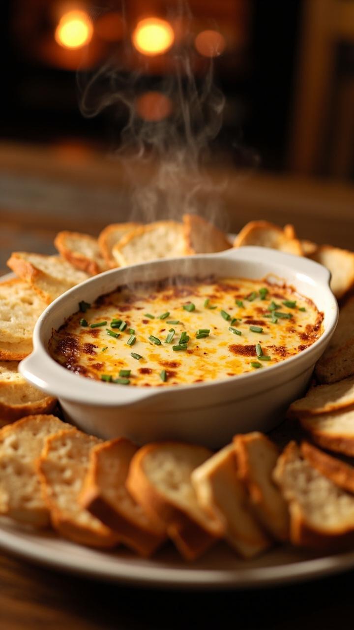 A shallow white baking dish filled with bubbling golden crab dip, a crust of melted cheese on top. Sliced baguette and crackers fanned around the dish, with bits of chive sprinkled on the surface.