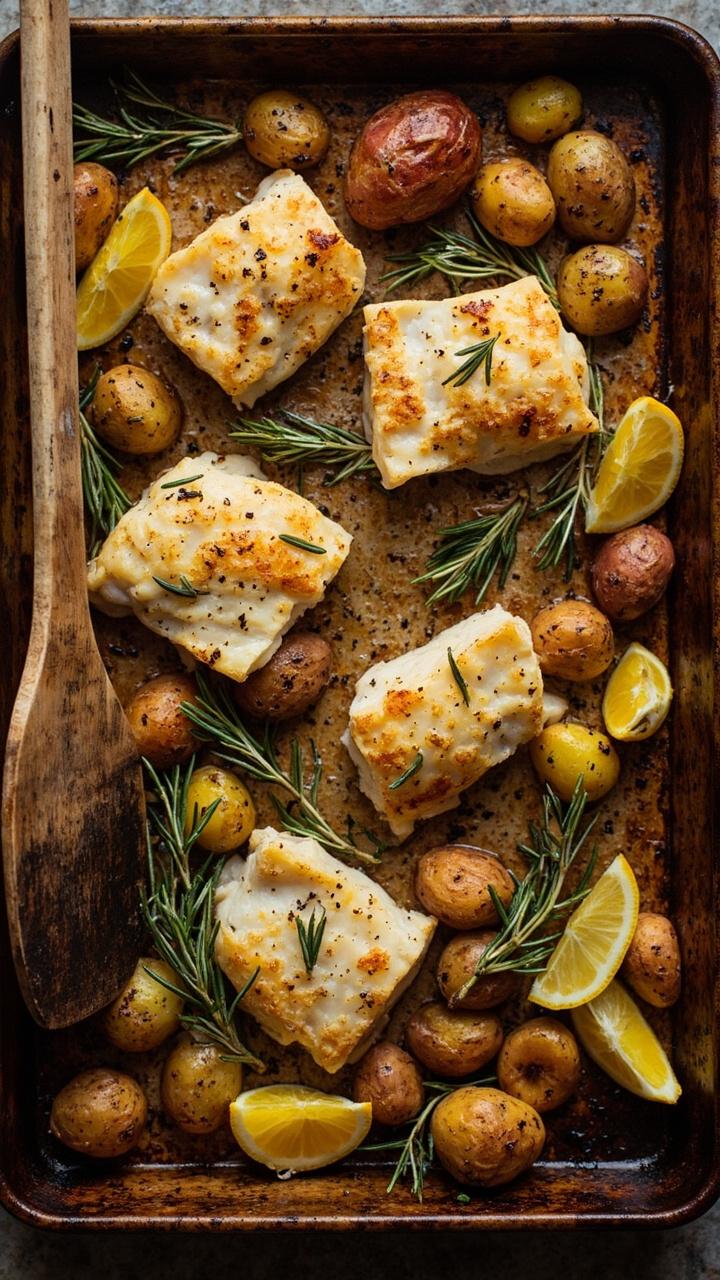 A baking sheet filled with roasted baby potatoes golden and crisp, four cod fillets nestled between them. Sprigs of rosemary and lemon wedges scattered across the pan. A wooden spatula at the edge.