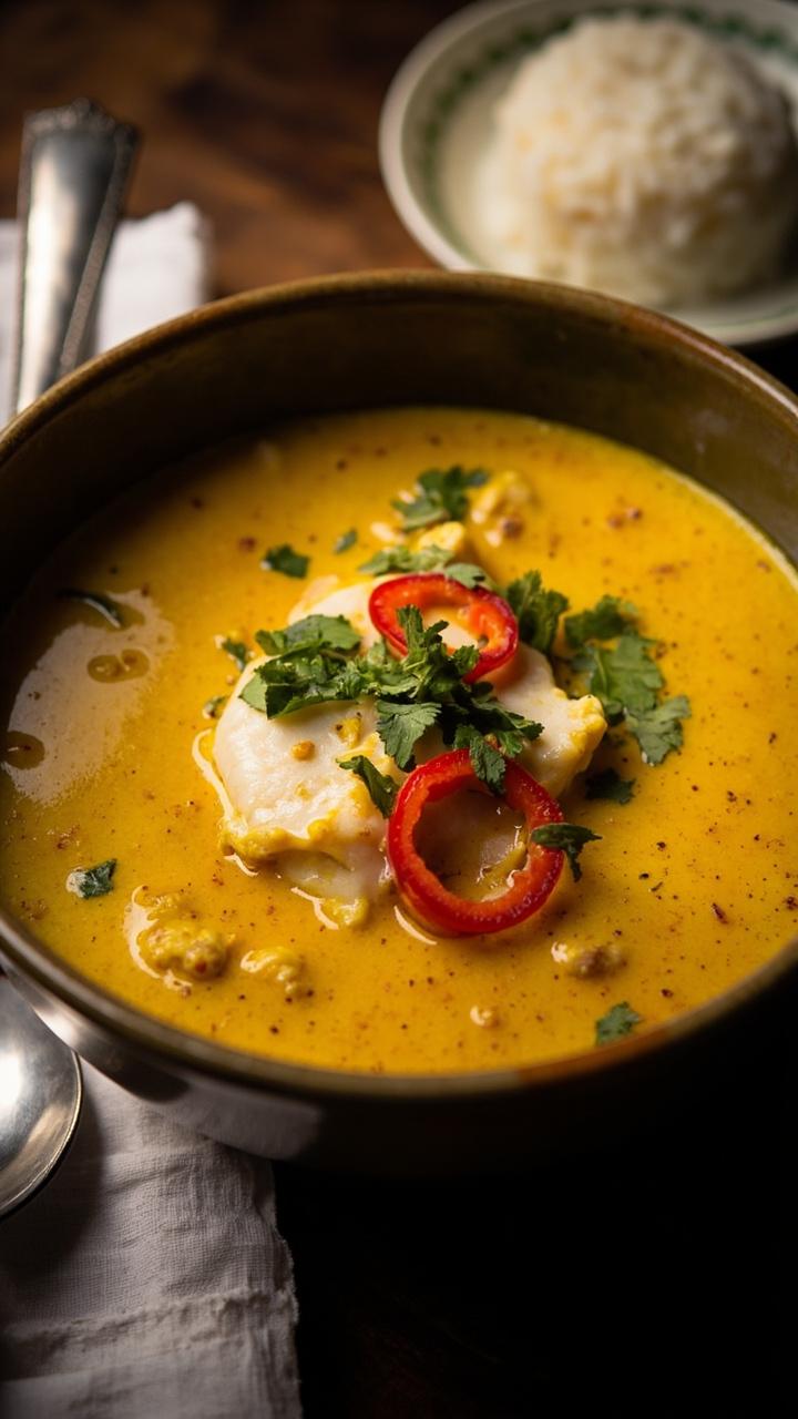 A deep bowl of creamy yellow coconut curry with a cod fillet submerged slightly. Bright chili slices and chopped cilantro float on top. A spoon rests on a napkin beside the bowl and a small mound of rice sits in the background.