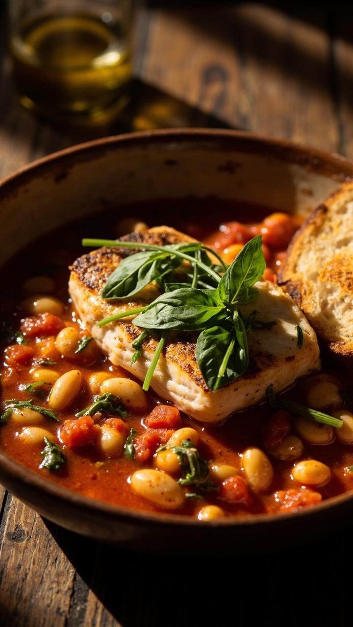 A shallow bowl of chunky tomato stew with white beans and a cod fillet on top. Fresh basil leaves and a drizzle of olive oil shine on the surface. A slice of toasted sourdough rests on the side.