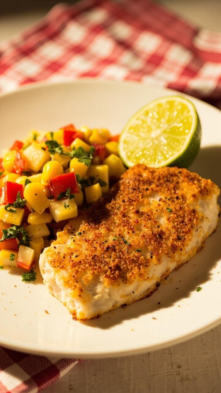 One Cajun spiced cod fillet on a plate with a mound of vibrant corn salsa on the side. The salsa shows yellow corn kernels red bell pepper and cilantro. A lime wedge sits near the fillet and a checkered napkin peeks out.