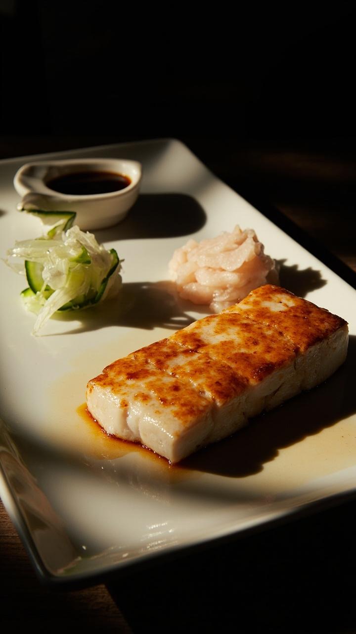 A broiled cod fillet with a glossy amber miso glaze on a rectangular plate. A few thin slices of cucumber and a small mound of pickled ginger on the side. A dark soy dipping dish nearby.