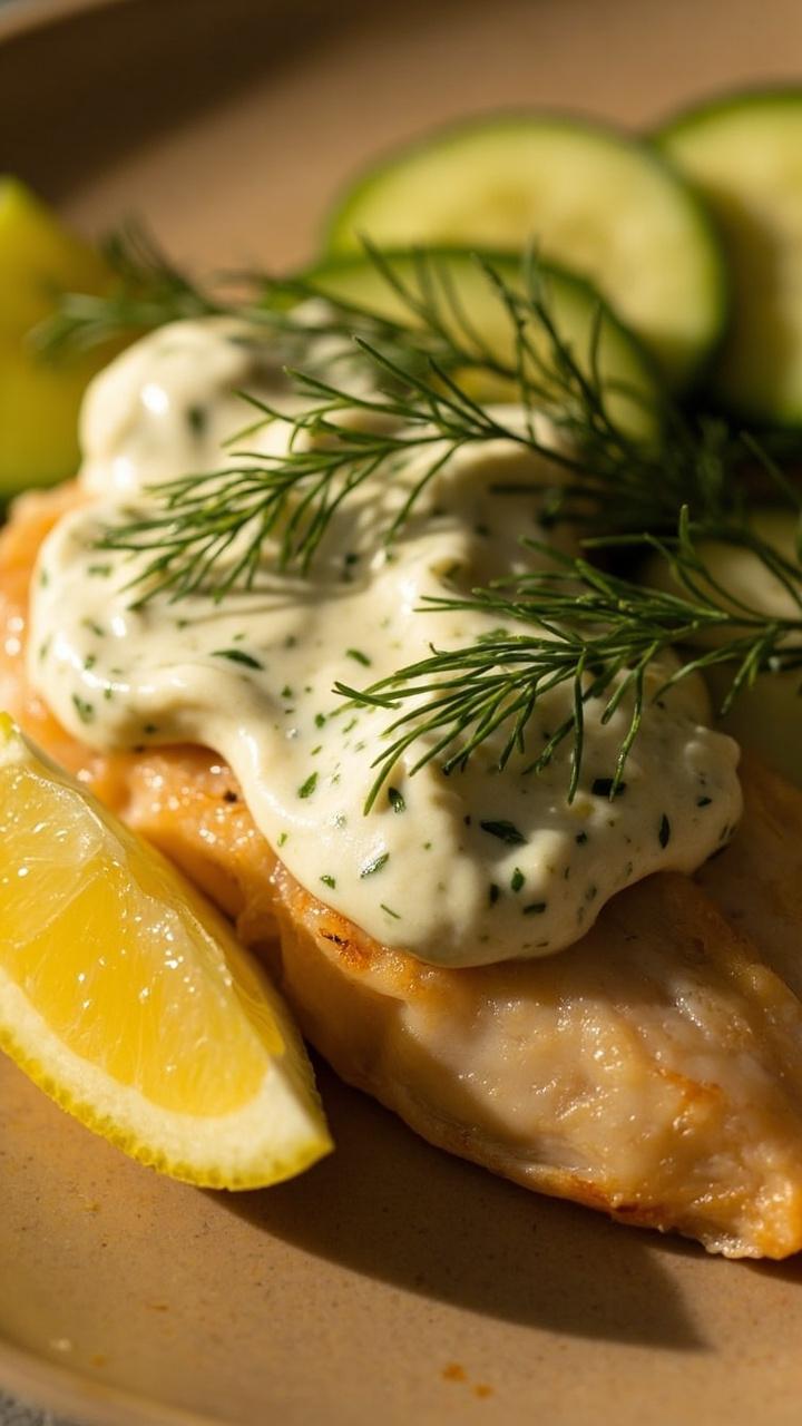 A fillet topped with a spoonful of creamy dill yogurt. Slices of cucumber and a wedge of lemon frame the fish on a simple ceramic plate. A sprig of dill rests beside the fillet.