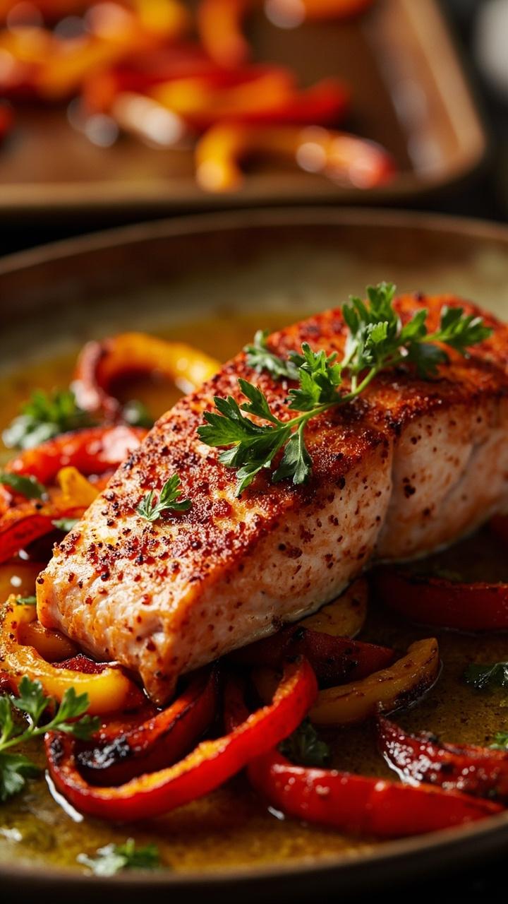 A fillet dusted with deep red paprika on a bed of roasted red and yellow pepper strips. A drizzle of olive oil and a sprinkle of parsley finish the plate. A baking sheet with roasted peppers is visible behind.