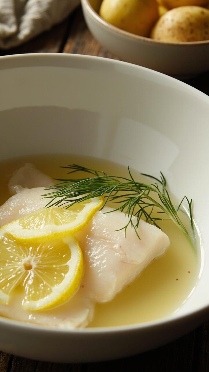 A shallow white bowl with a poached cod fillet floating in a pale lemon dill broth. Lemon slices and a few sprigs of fresh dill float nearby. A small bowl of new potatoes sits in the background.