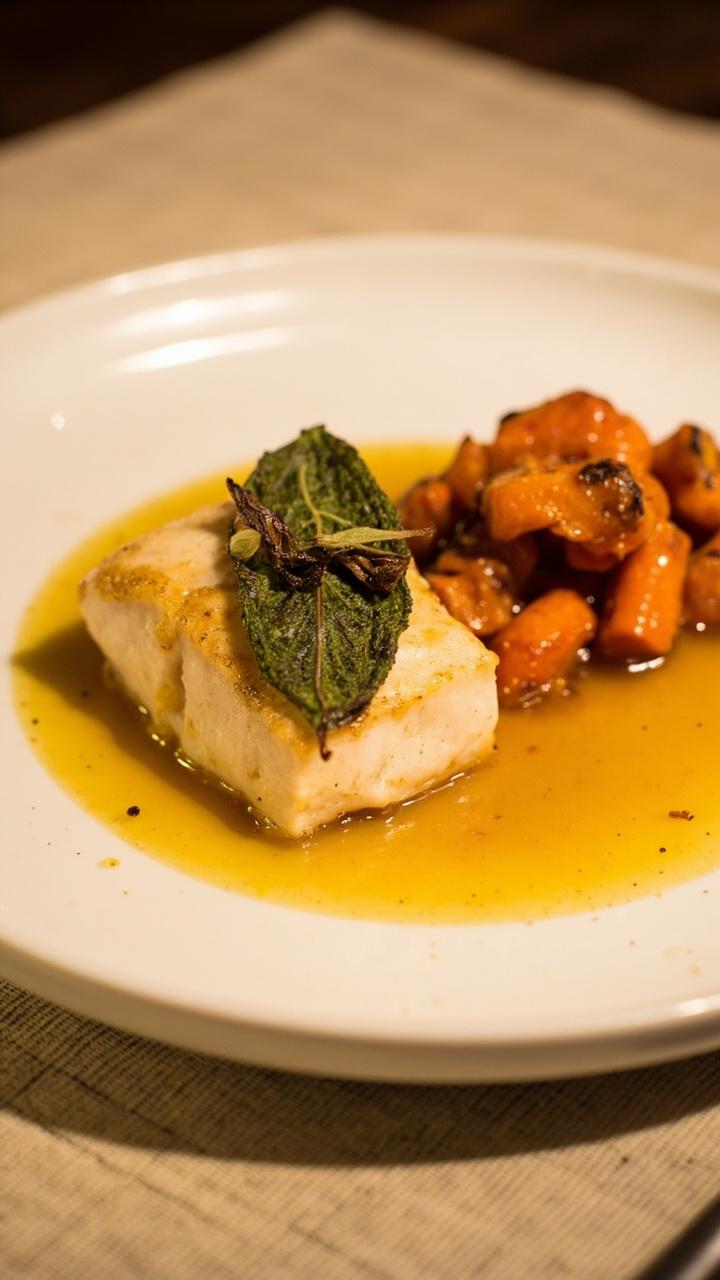 A golden fillet topped with a glossy pool of brown butter and a couple of crisp sage leaves. A small heap of roasted carrots on the side and a linen placemat underneath.