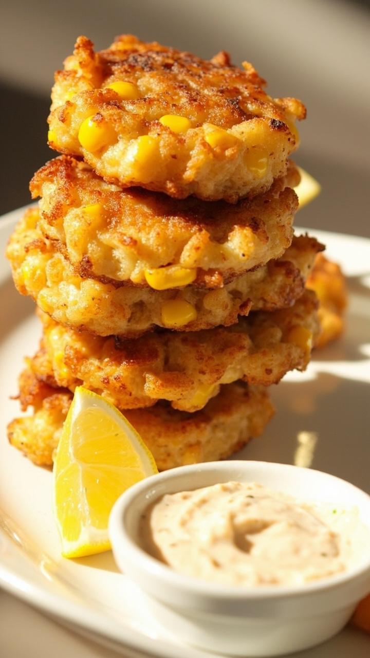 Stacked golden corn and crab fritters on a white plate, with lemon wedges and a bowl of creamy dipping sauce on the side. Flecks of corn and crab are visible throughout the fritters.