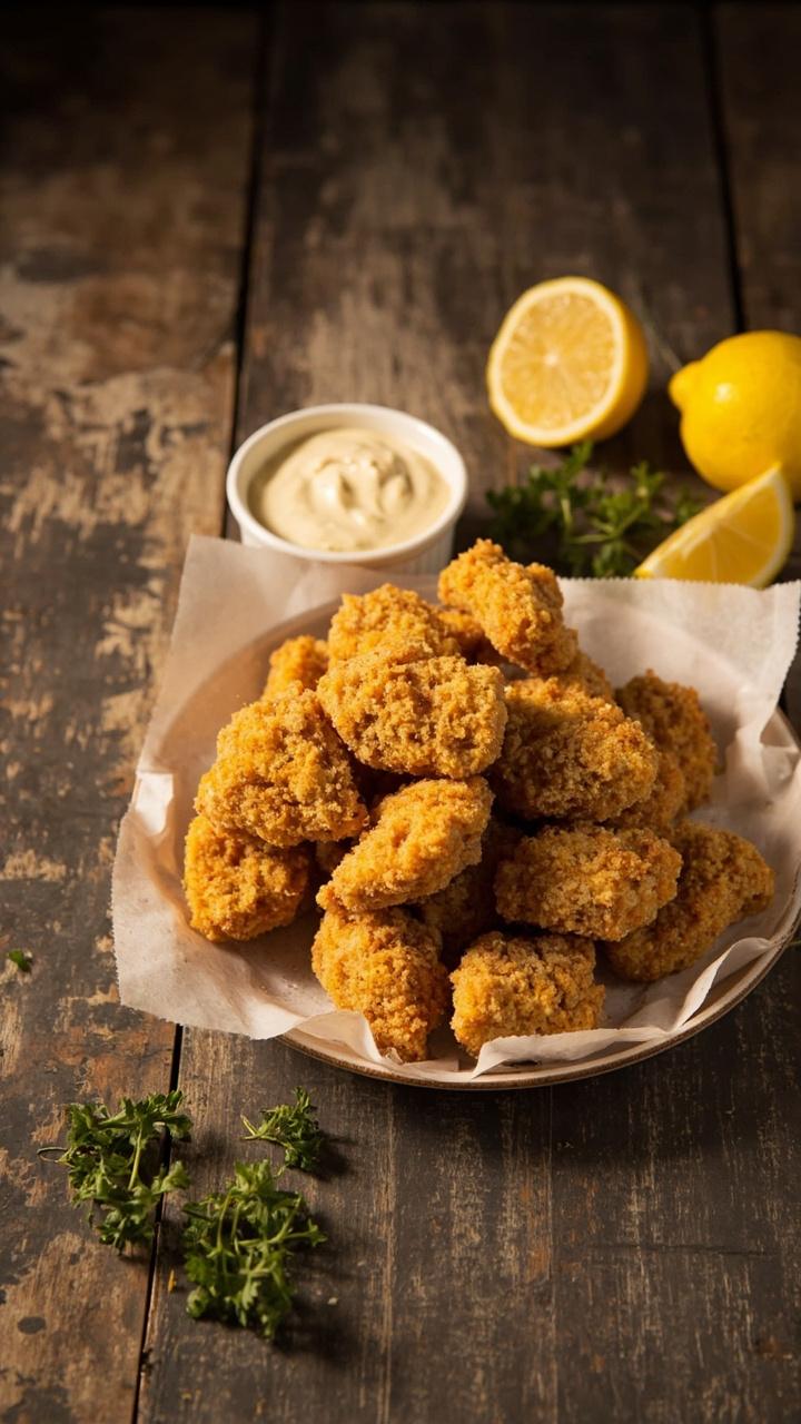 Golden cornmeal crusted catfish nuggets stacked on a white enamel plate, small bowl of creamy tartar sauce beside them, lemon wedges, a scattering of chopped parsley, rustic wooden table beneath