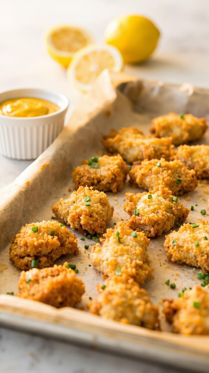 Evenly browned panko crusted catfish nuggets on a parchment lined baking sheet, small ramekin of honey mustard for dipping, lemon half, light dusting of chopped chives, neutral kitchen counter backdrop