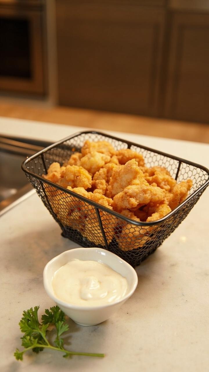 Crisp golden catfish nuggets in an open air fryer basket, small bowl of ranch dipping sauce to the side, single sprig of parsley, clean modern countertop
