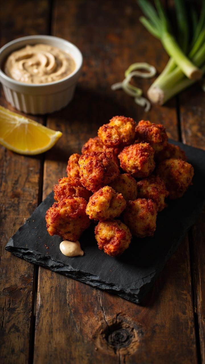 Deep golden nuggets with reddish Cajun seasoning flecks on a dark slate plate, small bowl of cooling aioli, lemon wedge, thinly sliced green onions scattered, wooden table surface