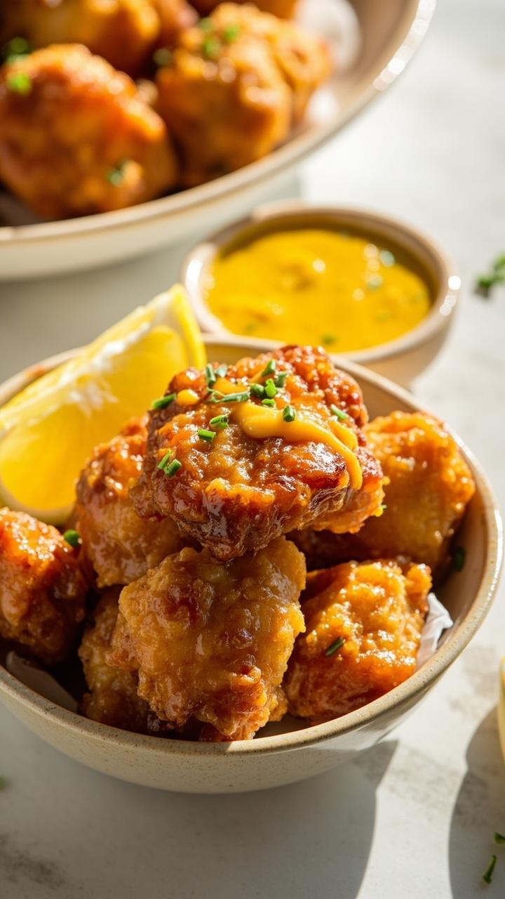 Glossy honey mustard glazed catfish nuggets piled on a shallow ceramic bowl, small dish of extra honey mustard, lemon wedge, small sprinkle of chopped chives, bright kitchen table