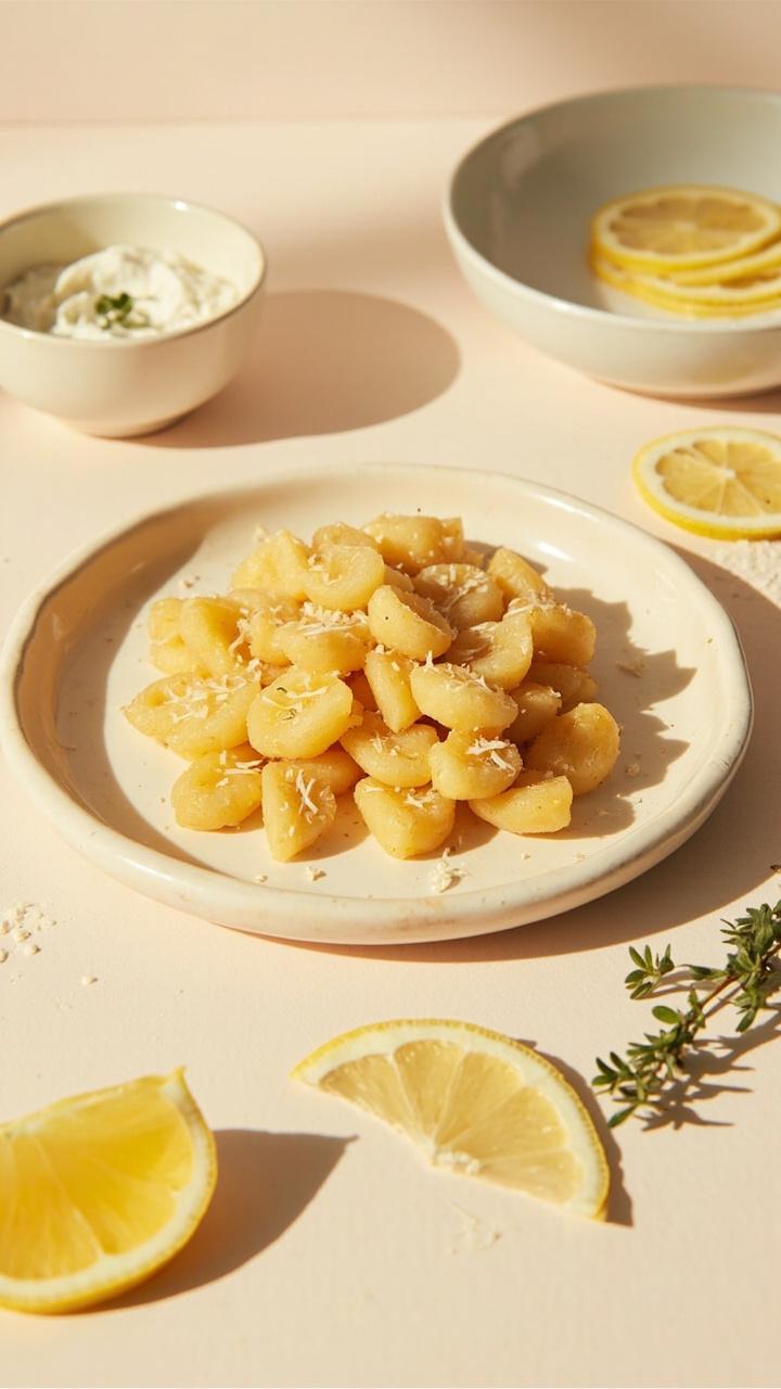 Light golden nuggets with flecks of grated Parmesan, thin lemon slices, small bowl of herbed yogurt dip, sprig of thyme, white ceramic plate on a pale tabletop
