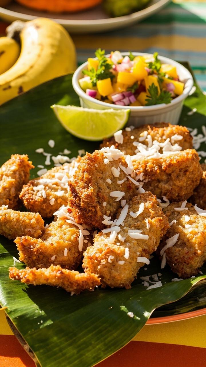 Lightly golden coconut crusted catfish nuggets on a banana leaf lined plate, small bowl of mango salsa, lime wedge, toasted coconut flakes sprinkled, bright summer table