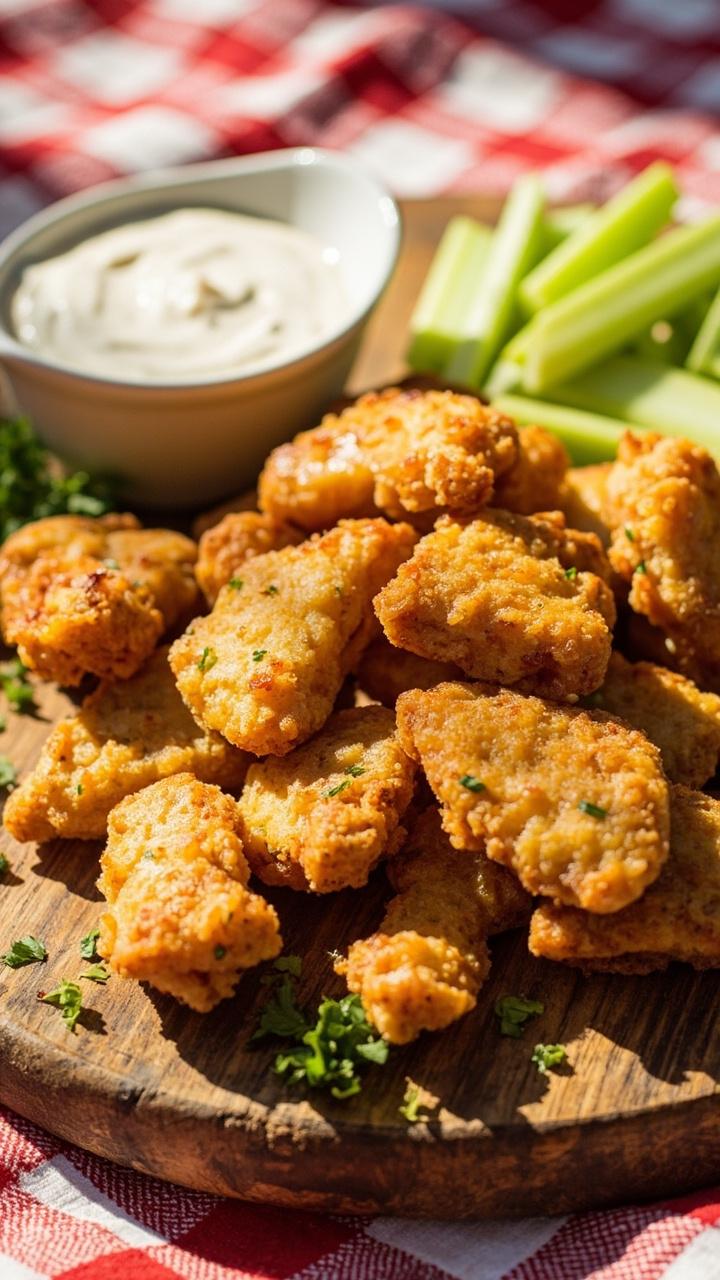 Lightly breaded catfish nuggets on a round wooden board, small bowl of ranch dressing in the center for dipping, celery sticks on the side, parsley garnish, casual picnic cloth beneath