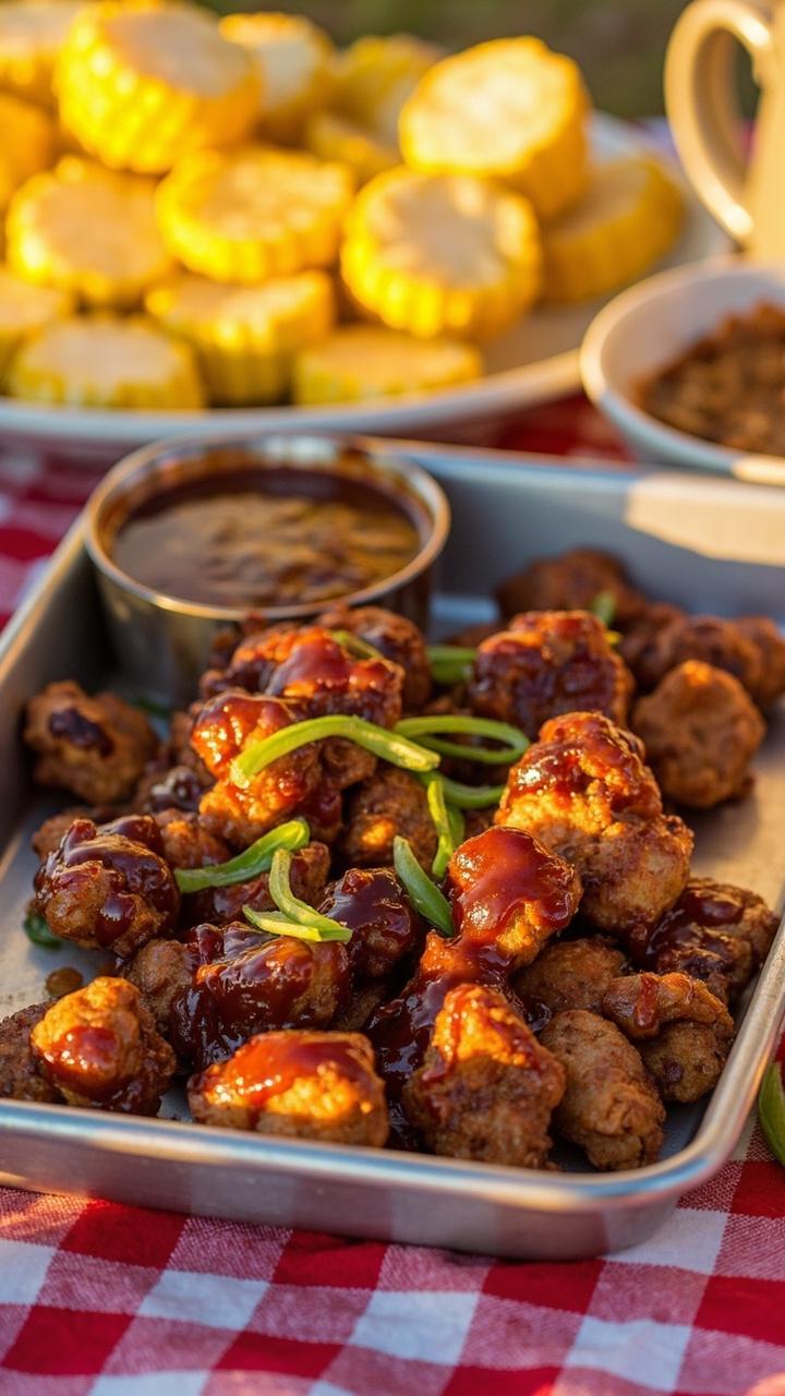 Sticky BBQ glazed catfish nuggets on a metal serving tray, small bowl of extra BBQ sauce, corn on the cob halves behind, thin slices of green onion sprinkled, picnic table background
