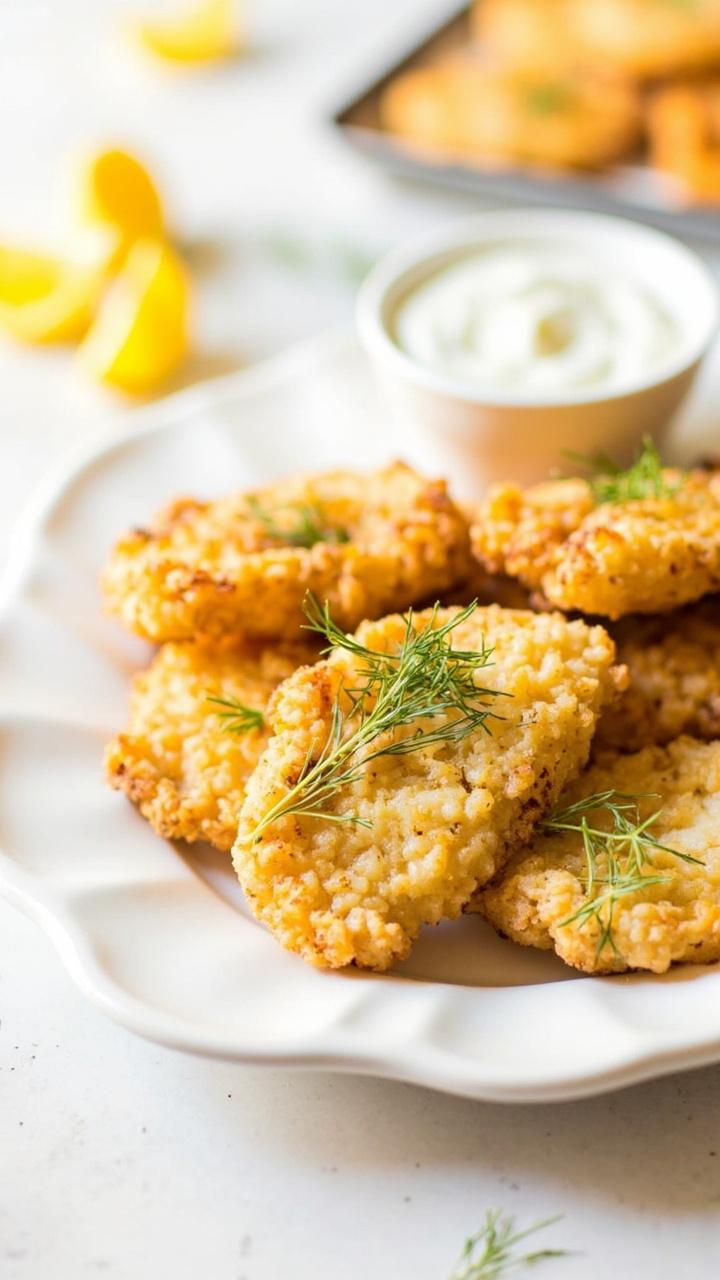 Lightly golden almond flour crusted catfish nuggets on a small white plate, lemon wedges, sprinkle of chopped dill, small bowl of Greek yogurt dip, clean kitchen surface