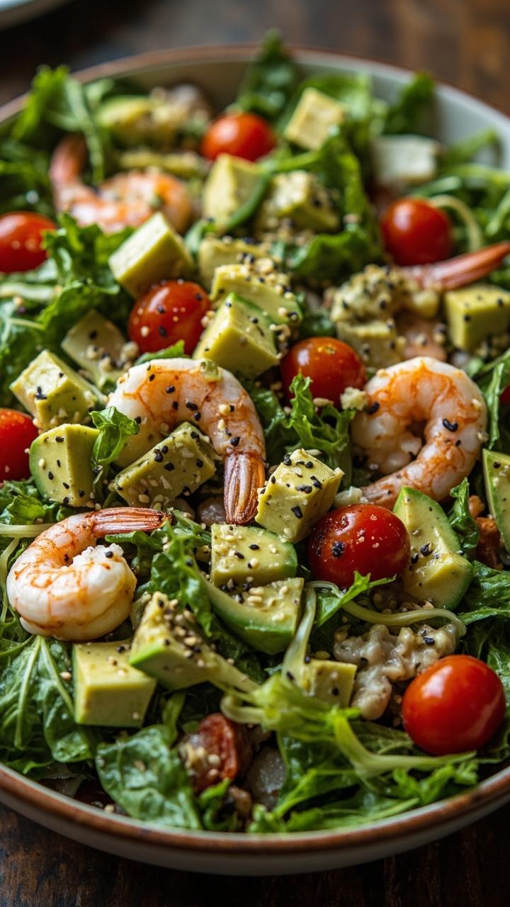 A large shallow bowl filled with leafy greens, juicy shrimp, halved cherry tomatoes, cucumber slices, diced avocado, and a thick swirl of green avocado dressing, with black pepper and sesame seeds sprinkled over the top.
