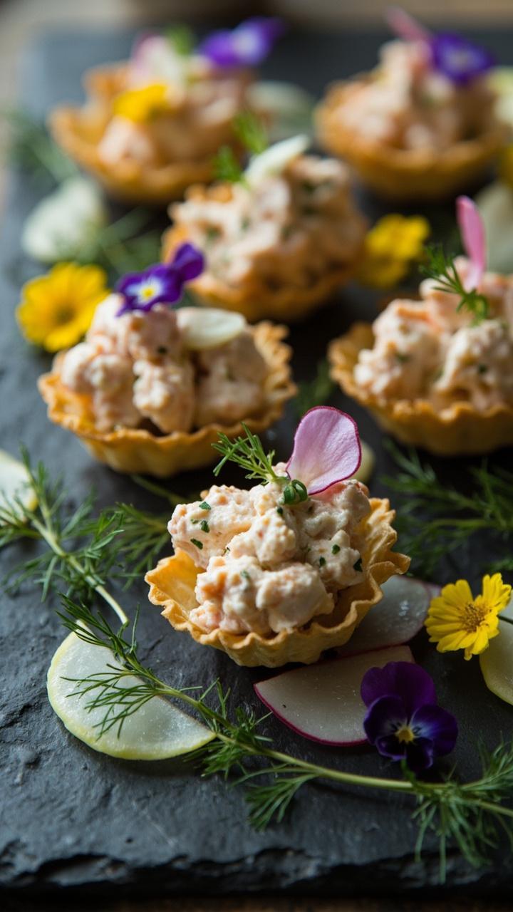 Crispy mini phyllo shells filled with creamy crab salad, piled on a slate board. Slivers of radish, flecks of dill, and tiny edible flowers finish the look.