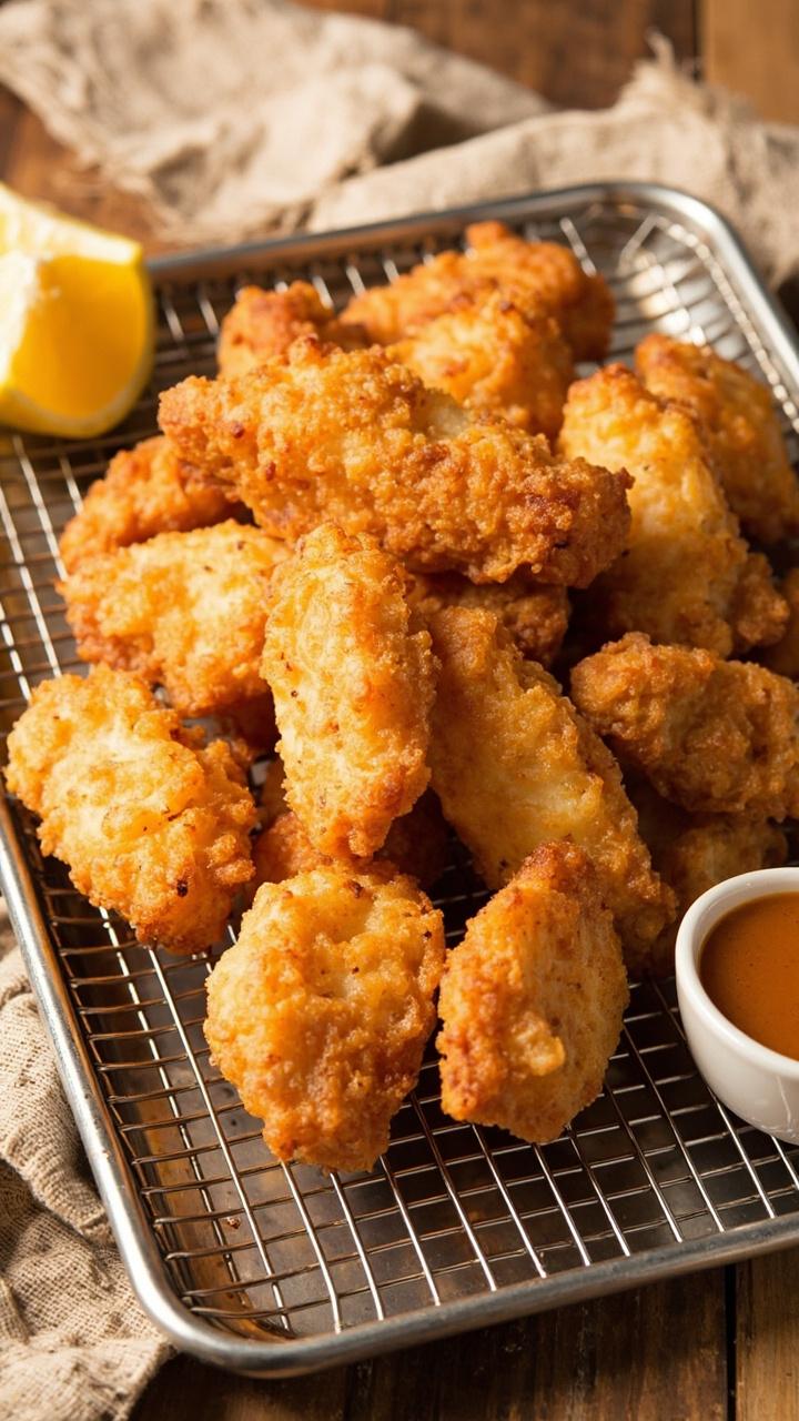 Lightly puffed beer battered catfish nuggets piled on a wire rack over a metal tray, small bowl of malt vinegar or tartar sauce, lemon wedge, crisp batter texture visible, rustic kitchen towel