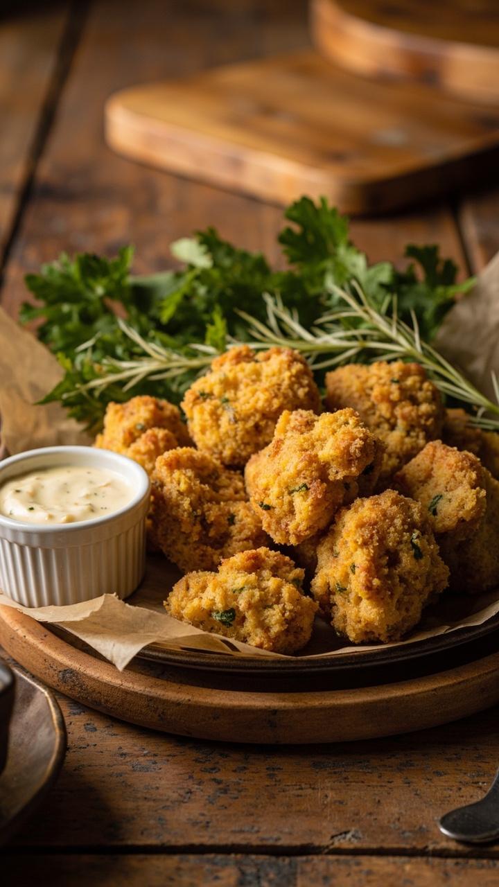 Crunchy cornmeal and herb coated nuggets on a round ceramic plate, small ramekin of lemon herb aioli, sprigs of rosemary and parsley, wooden table surface