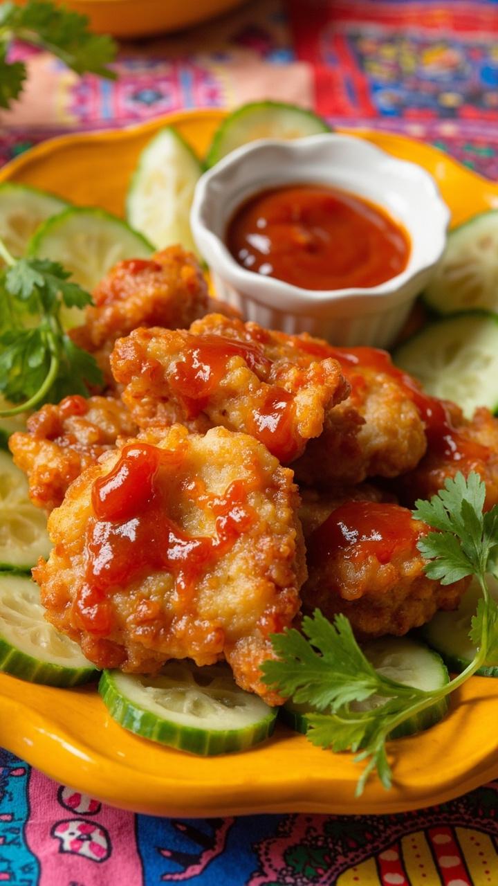 Shiny sweet chili coated catfish nuggets on a bright serving plate, small dish of extra sweet chili sauce, sliced cucumber rounds, cilantro leaves for garnish, lively tablecloth