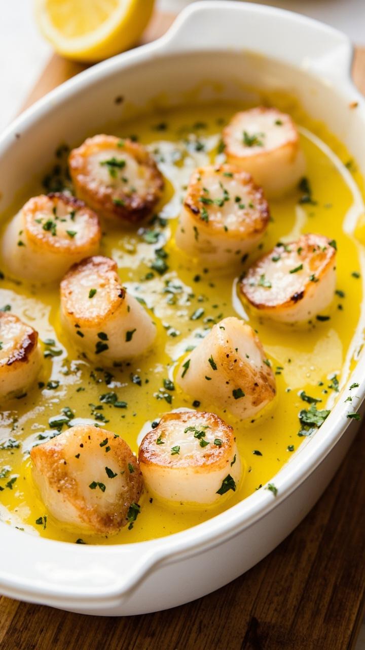 Plump scallops arranged in a shallow white baking dish, glossy garlic butter pooled around them, small sprigs of chopped parsley scattered on top, a halved lemon on the side, a wooden board under the dish.