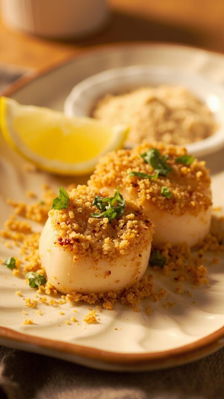Golden breadcrumb crusted scallops on a shallow ceramic dish, flecks of green parsley and basil visible in the topping, a lemon wedge on the rim, a small ramekin of extra breadcrumbs beside the dish.