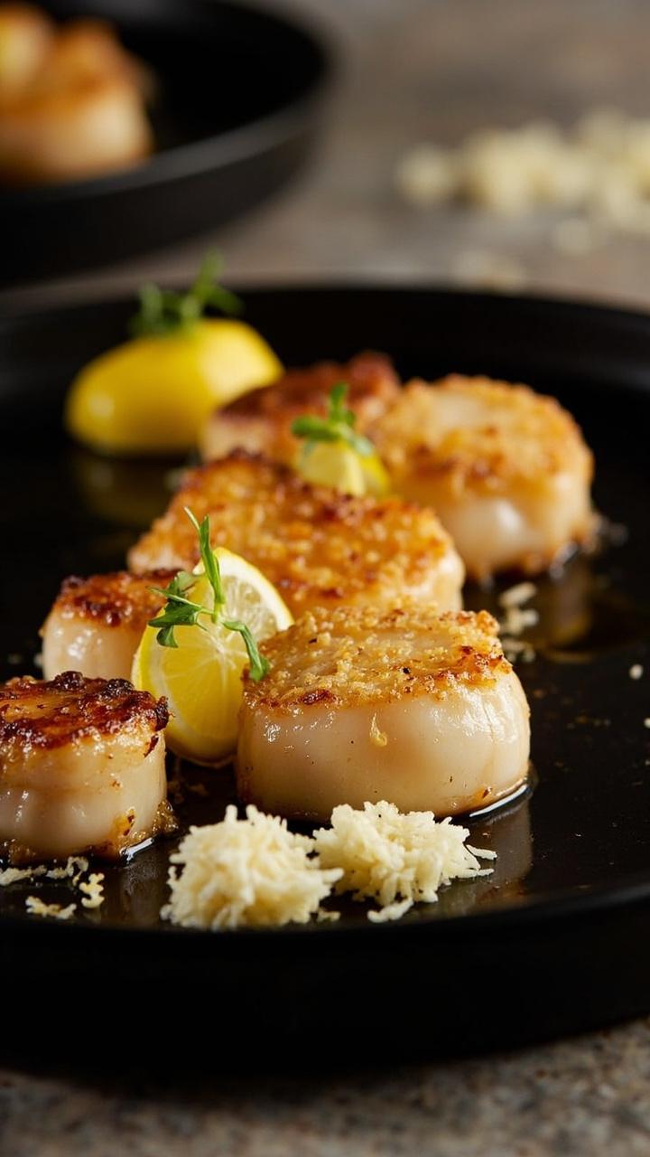 Scallops with a golden Parmesan crust on a matte black plate, thin lemon slices tucked between scallops, a light drizzle of olive oil, little piles of grated Parmesan beside the plate.