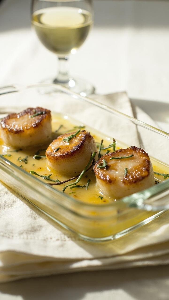 Scallops nestled in a shallow glass baking dish with a pale wine sauce, visible sprigs of thyme and chopped parsley, a small wine glass in the background, a linen napkin underneath.